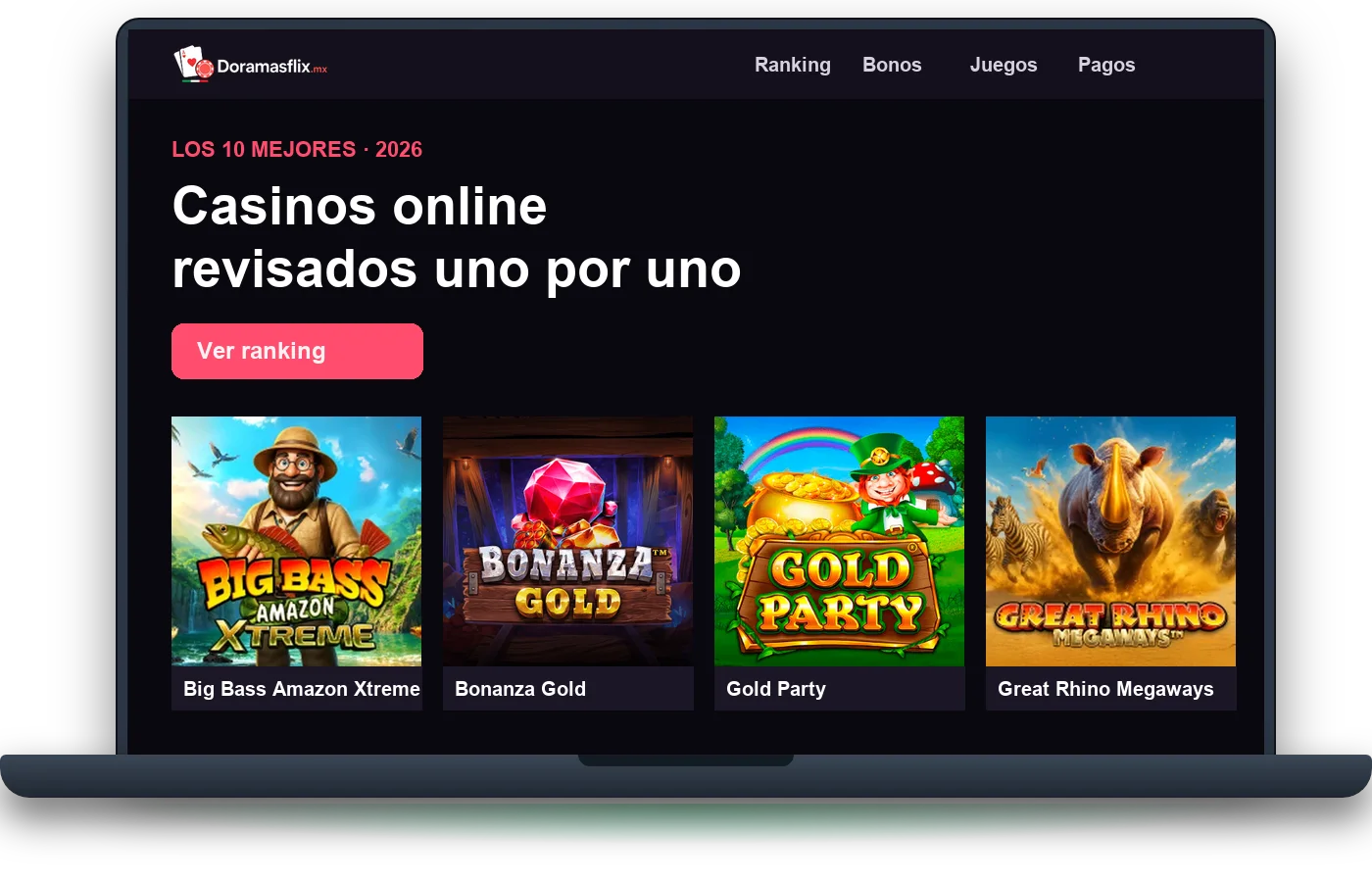 Casino en línea abierto en una laptop con tragamonedas y ruleta en vivo